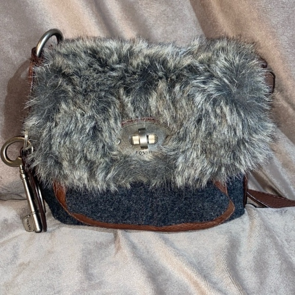 FOSSIL Vintage Maddox Faux Fur Gray Brown Crossbody Bag Saddle Bag